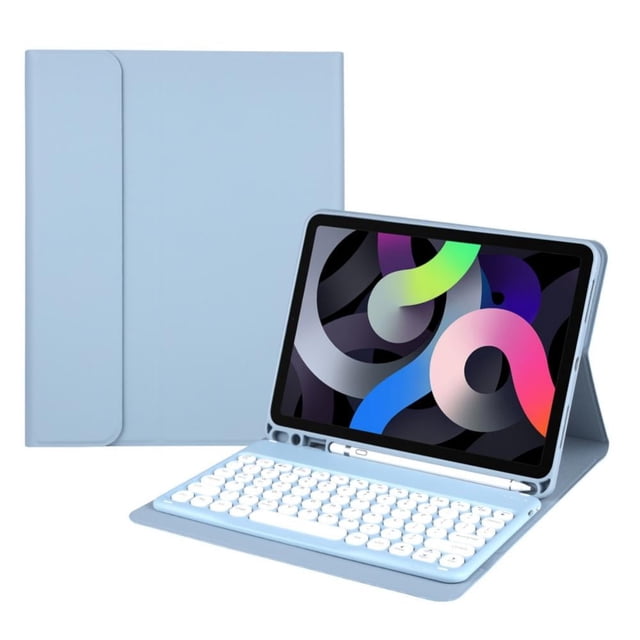 Étui Clavier pour iPad Air 4e Génération 10,9 Mince, Étui Clavier Intelligent avec Clavier Bluetooth et Porte-Crayon Intégré. Conçu pour Apple iPad Air 4, l'Étui Comprend un Clavier Détachable avec Fixation Magnétique, un Pavé Tactile Intégré pour une navigation Semblable à un Ordinateur Portable, et une Fonction de Mise en Veille/réveil Automatique pour Prolonger l'Autonomie de la Batterie. Affiché en Bleu Pâle avec l'iPad Air Affiché en position Debout.