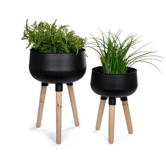 Truu Design Large Decorative Metal Planters with Wooden Leg