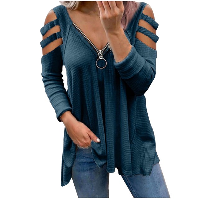 PVCS Femmes Décontracté Manches Longues Col en V Fermeture Éclair Ajouré T-Shirt Blouse Hauts