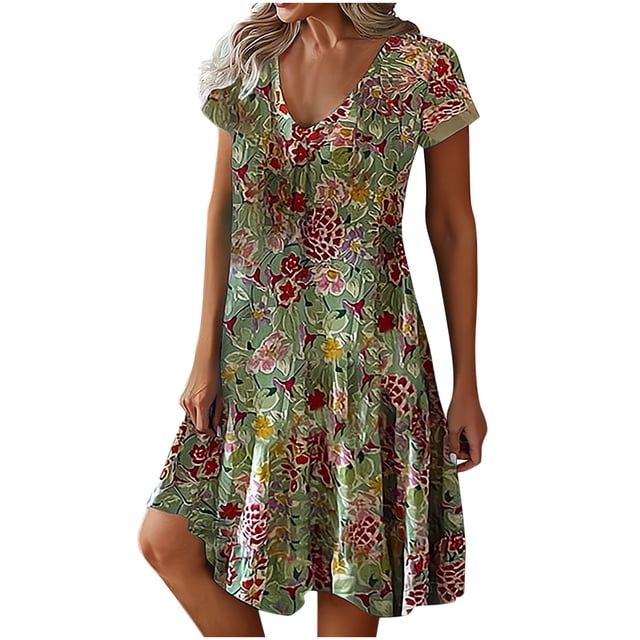 Jovati Robe d'Été pour Femmes avec un design Aguichant à Col en V, des Manches Courtes et un Imprimé floral vibrant. Fabriquée en polyester Léger, Cette Robe Décontractée et Stylée Est Idéale pour les occasions d'Été comme les Fêtes, les Vacances Ou le Quotidien. la Robe Est Présentée dans une Couleur de base Verte avec des Motifs Floraux Multicolores, Offrant une Coupe Confortable et Flatteuse.
