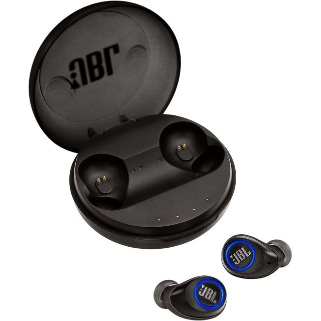 Refurbished (Good) JBL Free True Wireless In-Ear Bluetooth Headphones in black, featuring a compact charging case with the JBL logo and two wireless earbuds with blue accents. Designed for high-quality sound and Bluetooth connectivity.