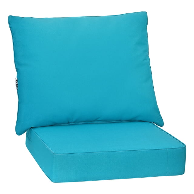 Gymax 2PCS Deep Seat Chair Cushion Pads Set in turquoise, designed for patio furniture and outdoor decor. Includes a seat cushion (25'' x 25'' x 6'') and a back cushion (31.5'' x 25.5'' x 7'') made of durable polyester fabric with high-resilience cotton filling. Features rope belts for secure attachment, waterproof fabric, and removable covers with zippers for easy cleaning.