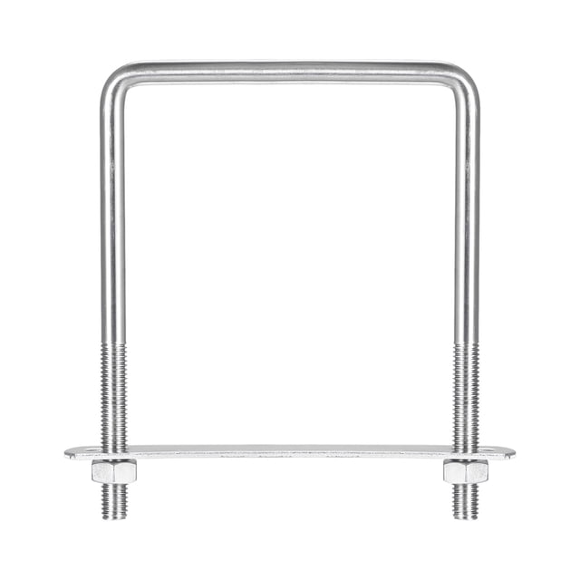 Unique Bargains Square U-Bolts 2 Sets with 92mm inner width and 130mm length, made of 304 stainless steel with a polished surface. Includes deep-threaded M8 bolts, nuts, and plates for secure fastening. Ideal for hardware fasteners, pipes, wood, trailers, and industrial applications.