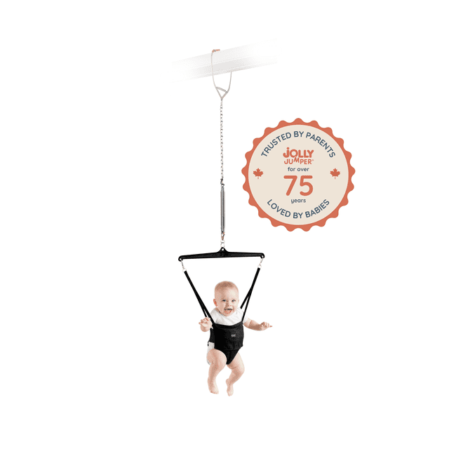 Jolly Jumper Iconique – Exerciseur pour bébé original avec pince de porte – Selle Safari noire | Développe l’équilibre, la coordination et la force musculaire | Entreprise 100 % canadienne