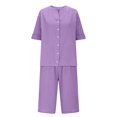 thumbnail image 4 of Women Summer Cotton Linen Short Sets Short Sleeve Button Down Shirts Matching Sets Lounge Beach Vacation Tracksuits, 4 of 8