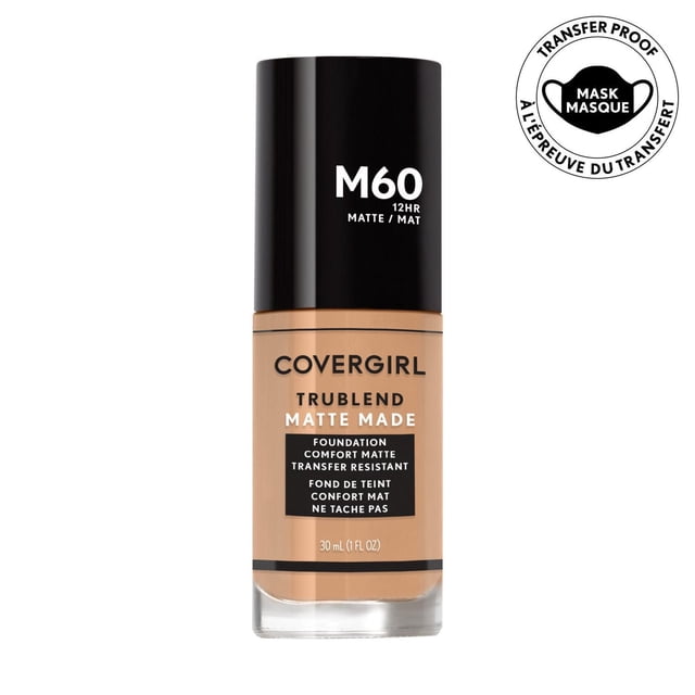COVERGIRL Trublend Matte Made Foundation in shade M60, 30 ml liquid foundation with a matte, transfer-resistant formula lasting up to 12 hours, designed to minimize pores and oil for a natural, comfortable finish suitable for normal to oily skin.