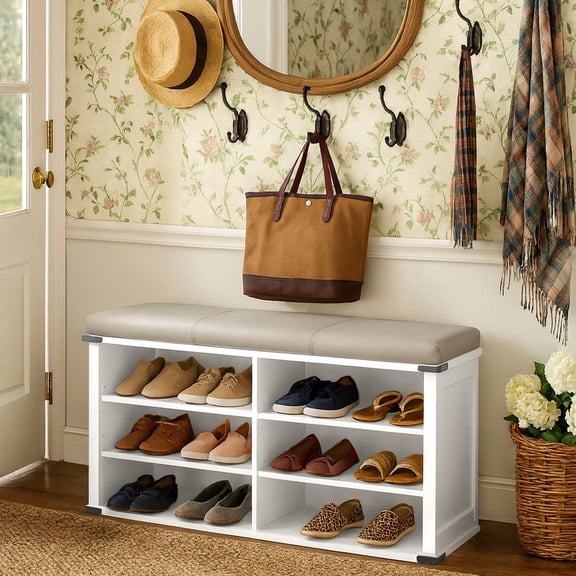 LEDREM Shoe Storage Bench with Removable Cushion, Entryway Bench with Padded Seat, 6 Open Compartments, Adjustable Shelves, Cloud White