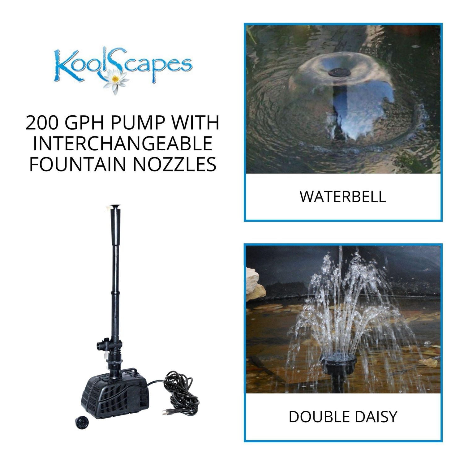 KoolScapes Pompe d'étang 200 GPH avec 2 buses de fontaine interchangeables, caractéristique d'eau extérieure pour jardin