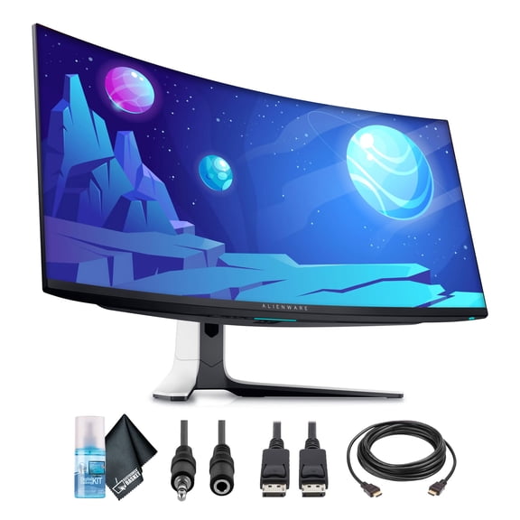 Alienware AW3423DW 34.2" 1440p HDR 175 Hz Curved Gaming Monitor (Lunar Light) (AW3423DW) + Display Port Cable + Headphone Extender + HDMI Cable + Cleaning Kit