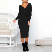FcBaudy Long Sleeve V-Neck Dress,Summer Dresses for Women,Womens Dresses Women's Fashion Knitted Long Sleeve V-Neck Hip Wrap Warm Sweater Dress Women Dress