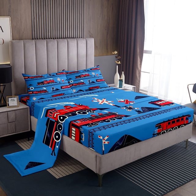 YST Boys Train Queen Bed Sheets Set Cartoon Car Toddler Bedding Set, Traffic Transportation Track Sheet Set For Kids Teens Red Blue Steam Engine Railway Decor Sheets
