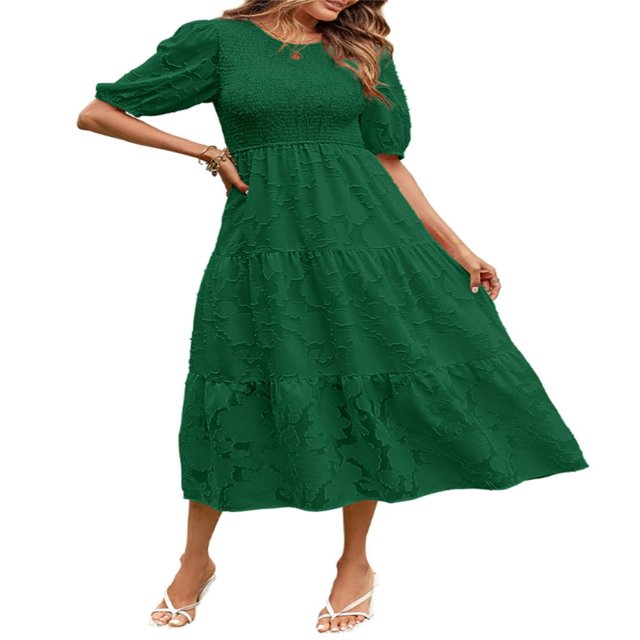 EIMELI Femmes Été Soufflé Manches Robe Smoking Floral en Vrac Fluide Robe Haute Taille Dentelle Floral Étagé Midi Robe Bleu Ciel XL