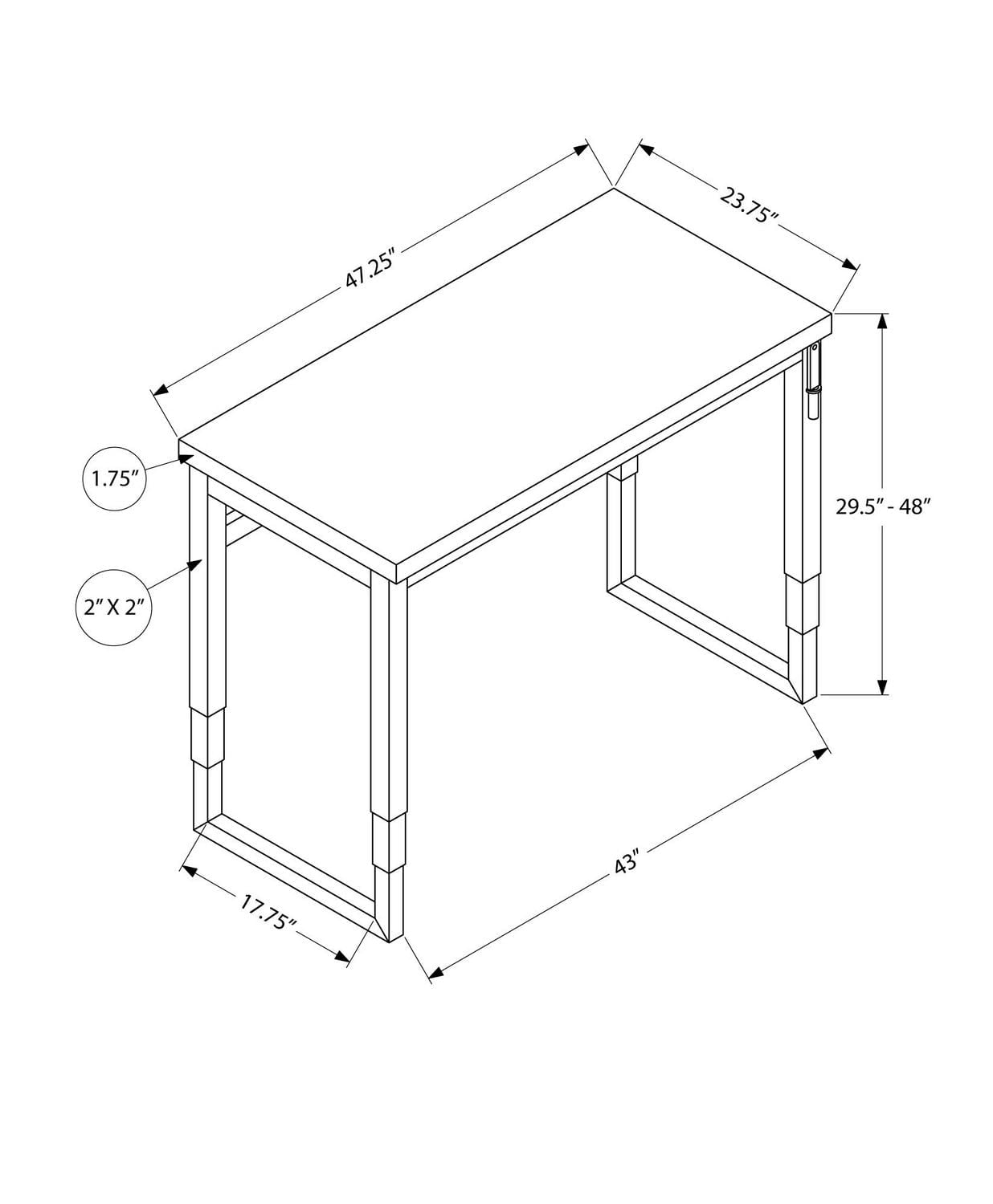Monarch Specialties Bureau, Bureau À Domicile, Debout, Ajustable, 48"l, Travail, Ordinateur Portable, Métal, Stratifié, Blanc, Noir, Contemporain, Moderne