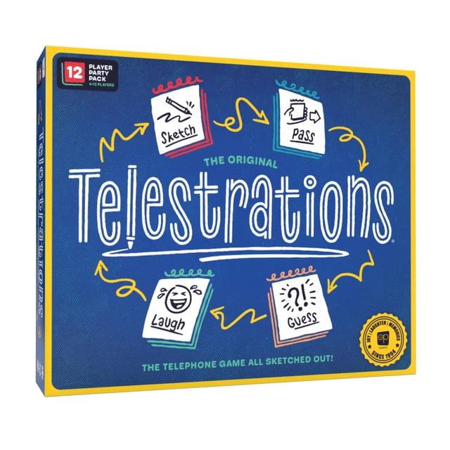 USAopoly Telestrations 12 Player (2nd Edition) board game box with blue background and yellow border, featuring illustrated steps: sketch, pass, guess, and laugh. Designed for 4 to 12 players aged 10+, this classic party game involves drawing and guessing for hours of fun.