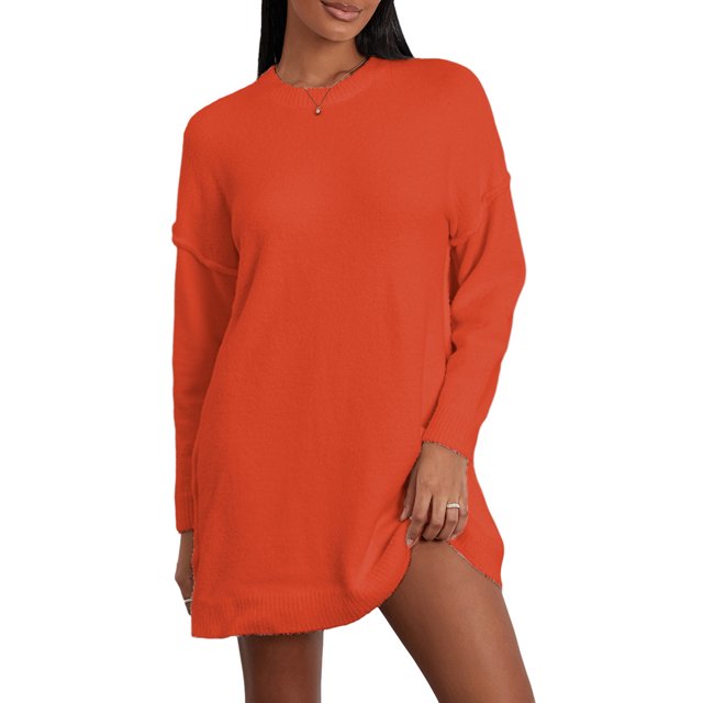 Faithtur Tricot Automne Hiver pour Femmes Couleur Unie Manches Longues Col Rond Long Tricoté