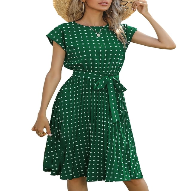 MesaSe Femmes Robes d'Été Boho Points Midi Manches Courtes Robe Décontractée avec Ceinture Vacances Robe de Soleil Noir XL