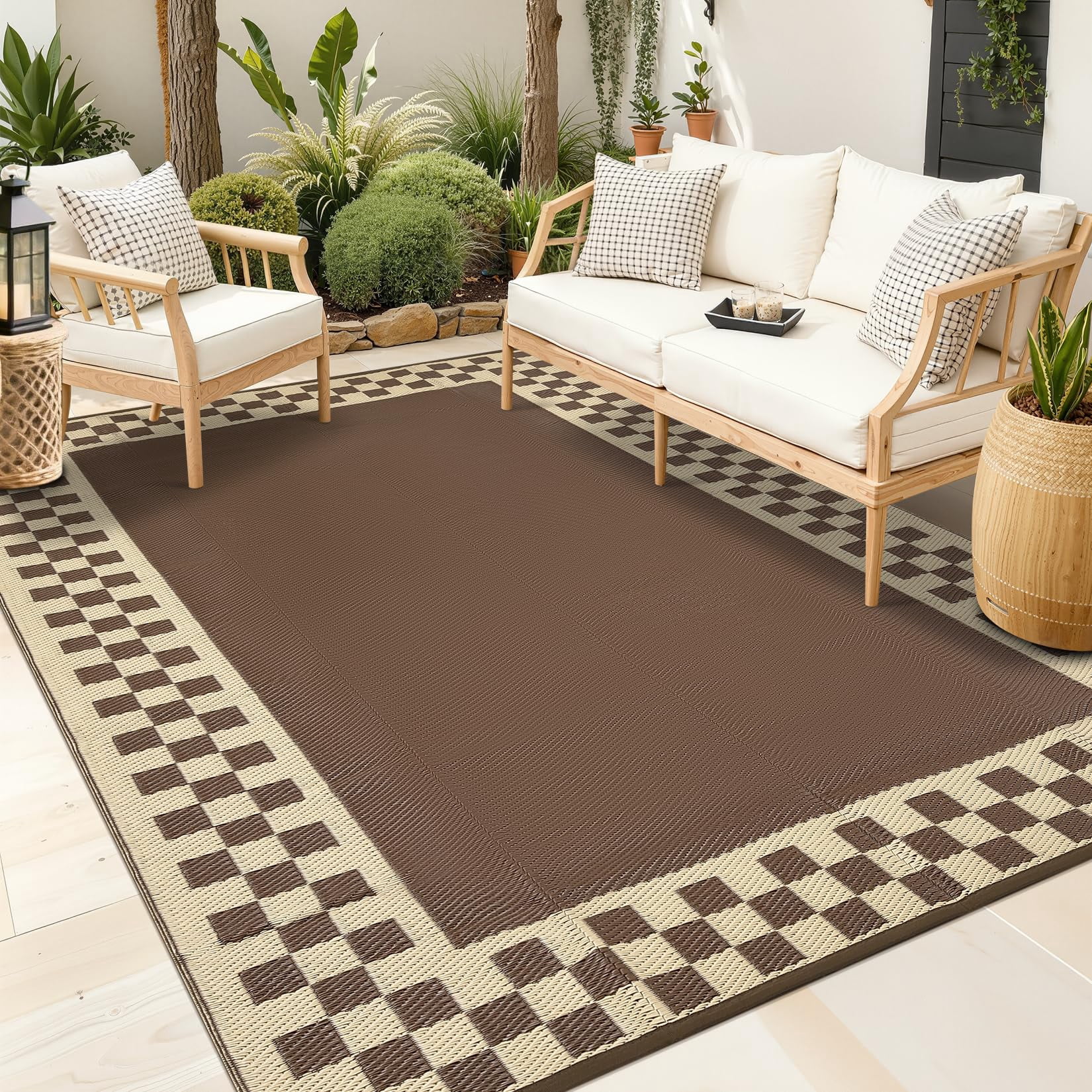 Outdoor Waterproof Rug 9x18 Large Modern Neutral Outdoor Patio Rugs, Reversible Fade-Proof & Weather Resistant Large Area Rug Mats for Rv Deck Porch Picnic Beach Balcony, Brown