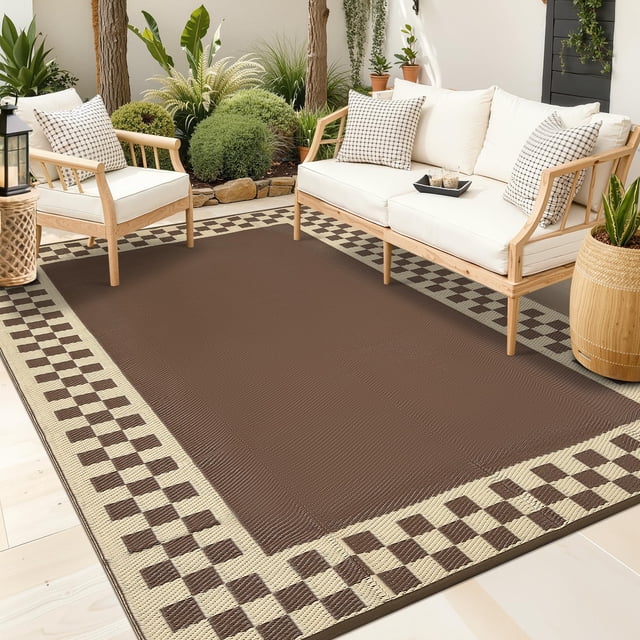 Tapis d'Extérieur Imperméable 9x18 Grand Moderne Neutre pour Patio Extérieur, Tapis Réversible Résistant à la Décoloration et aux Intempéries pour Grande Surface pour VR, Terrasse, Porche, Pique-Nique, Plage, Balcon, Brun
