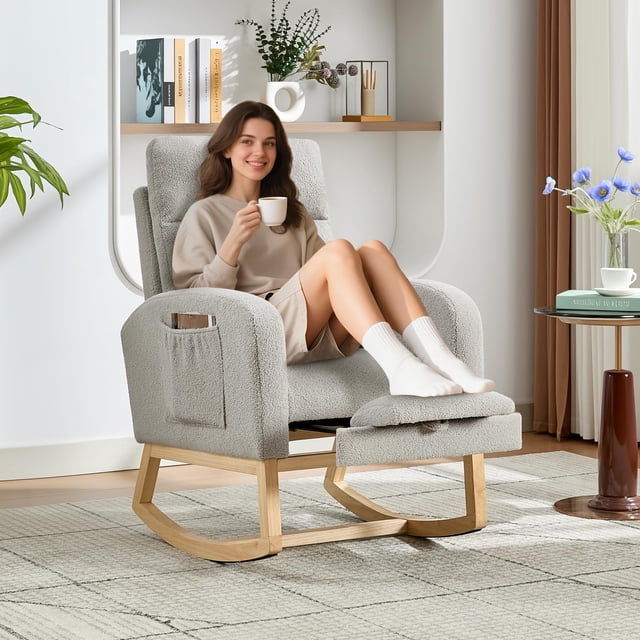 Yiwa High Back Nursery Glider Rocker Swivel Chair with Adjustable Footrest Soft Padding Solid Wood Legs and Two Side Pockets for Bedroom and Living Room