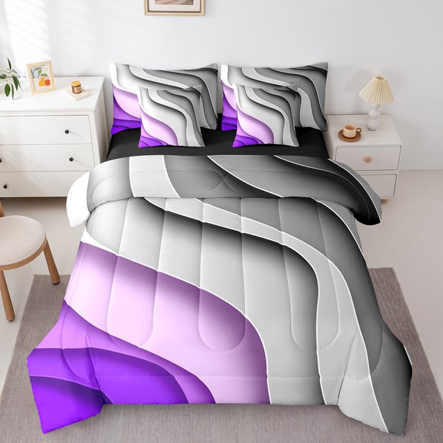 YST 7-Piece Geometric Stripe Bed in a Bag, Ombre Gradient Bedding Set, Twin