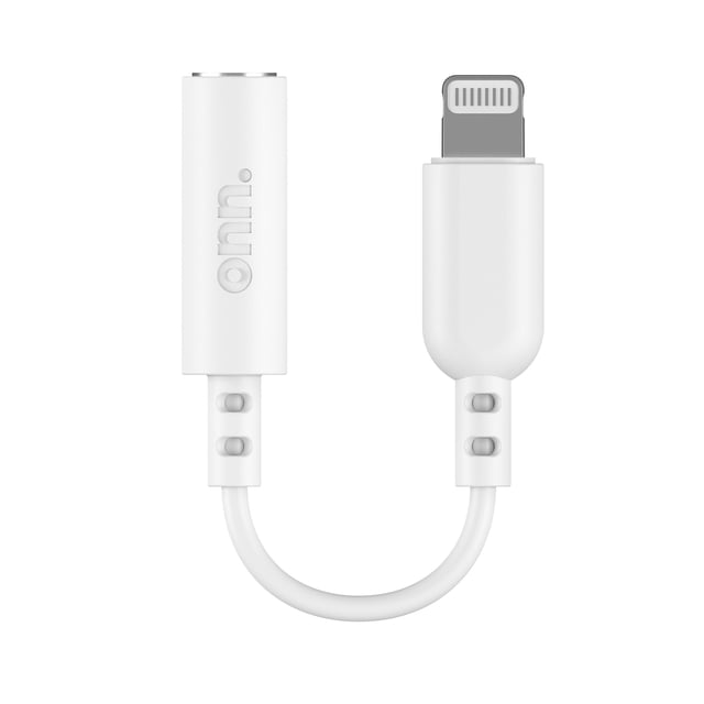Onn. Lightning to 3.5 mm AUX Adapter with white flexible cable, featuring a Lightning connector and a 3.5 mm headphone jack for Apple devices, suitable for connecting wired headphones or external speakers.