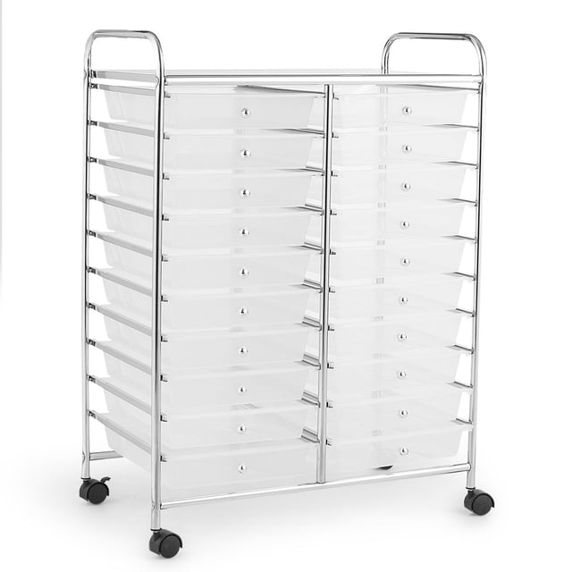 Costway 20 Drawers Rolling Cart Storage Scrapbook Paper Studio Organizer Bins Clear. This rolling cart features a durable chrome-finished metal frame and 20 removable clear plastic drawers for organizing supplies. It includes four caster wheels, two with locks, and two tall handles for easy mobility. Suitable for home, office, school, or garage use, it offers ample storage for arts and crafts, tools, or office essentials. Dimensions are 25 inches long, 15 inches wide, and 34 inches high.