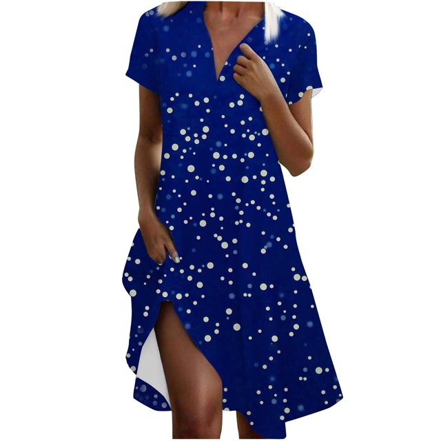VEKDONE Robe Ample et Confortable pour Femmes à Pois, Col en V, Manches Courtes, Bleu G