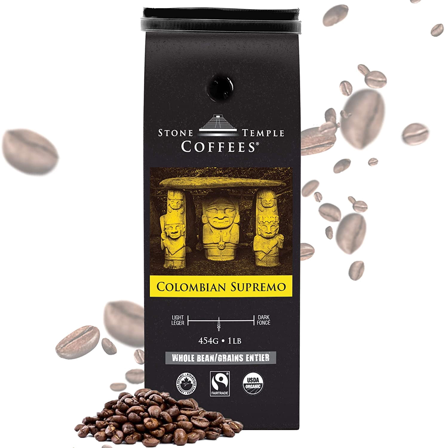 Stone Temple Coffees - Colombian Supremo, Café en grains, Torréfaction moyenne, Certifié USDA & COR biologique et commerce équitable, 100% Arabica Grade A, Sac de 1lb/454g