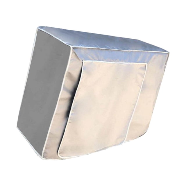 Air Conditioner Cover for Outside Unit Anti Snow Outside House Overcover Silver Large 3P. Made of high-quality oxford cloth with a silver-coated surface for sun, rain, snow, and dust protection. Features fixing belts for secure placement and a mesh design for ventilation. Suitable for outdoor air conditioner units, measuring 98x40x75cm.