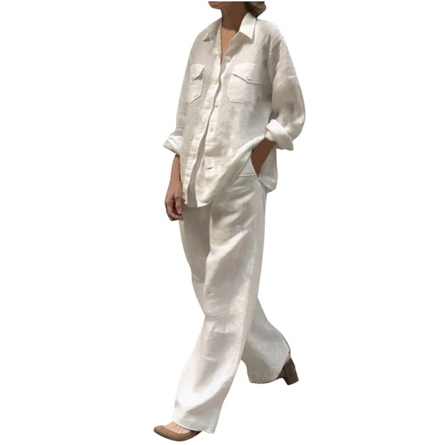 Timegard Cotton Linen Outfits for Women Button up Long Sleeve Collared Plus Size Tops with Pockets Wide Leg Pants Sets