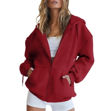 ManxiVoo Womens Oversized Track Jacket with Drawstring Hood Long Sleeve Zipper Pocket Casual Top XL Size Red