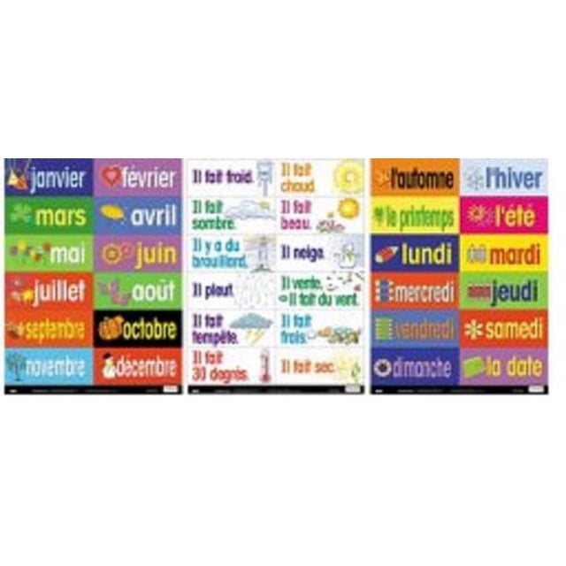 French Seasons Month Weather Cards with 36 laminated multicolour flashcards displaying French vocabulary for months, days, seasons, and weather expressions, suitable for educational use on chalkboards and bulletin boards.