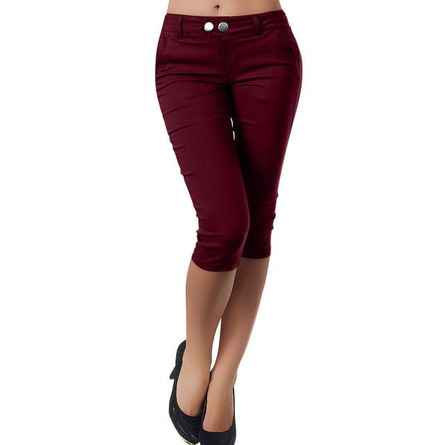 Timegard Capri Pants for Women Low Waisted Button Skinny Solid Color Leggings Work Pants with Pockets