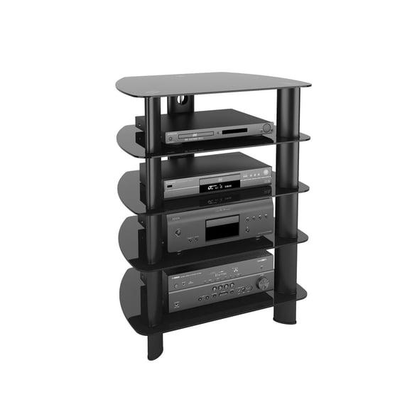 CorLiving Laguna Black Glass and Metal Indoor Media Storage Tower Component Stand with 5 Open Shelves