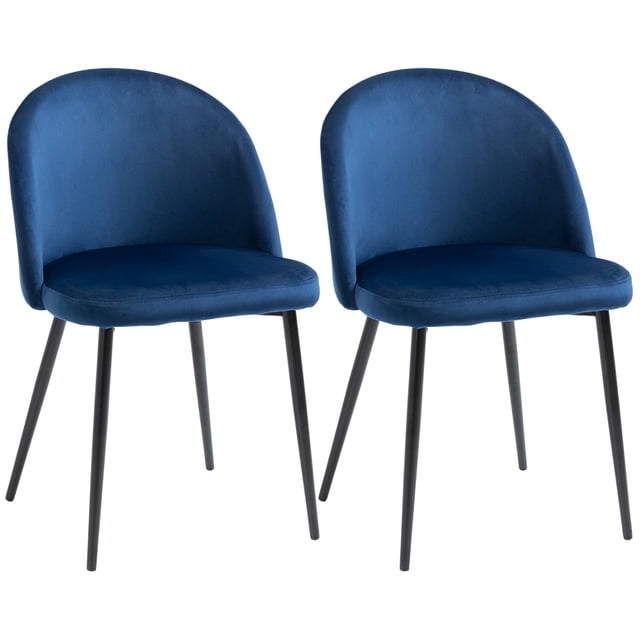 HOMCOM Dining Chairs Set of 2, mid-back velvet-touch upholstery in dark blue. Designed with a curved backrest, deep cushioning, and a wide seat supported by four angled black metal legs. Ideal for dining rooms, kitchens, living rooms, or home offices.