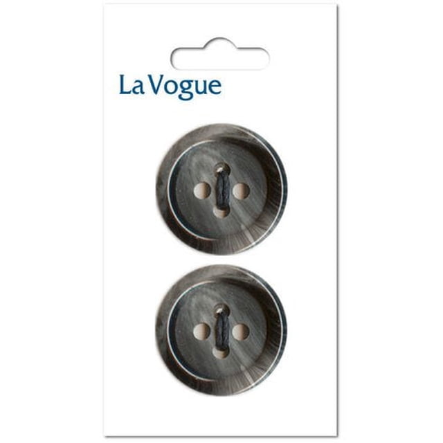 La Vogue Bouton à 4 Trous en Gris Foncé, Taille 25 mm, Affiché sur un Emballage Carton Blanc avec Nom de Marque. le Bouton Classique à Coudre Est Fait de Résine Résistante aux Éclats et aux Couleurs, Convient aux Fixations de Couture, aux notions et aux Fermetures de Vêtements Durables.