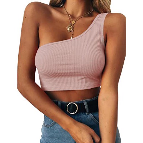 Women's Sleeveless Crop Tops Sexy One Shoulder Strappy Tees Basic Crop Tank Tops(Skin Powder,S)