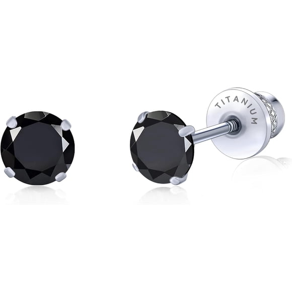 Limerencia 5mm Screw Back Zirconia Earrings, Hypoallergenic Titanium Studs (Black)