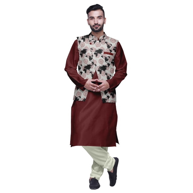 Atasi Indian Long Kurta Men Solid Kurta Pajama With Printed Nehru Jacket Set