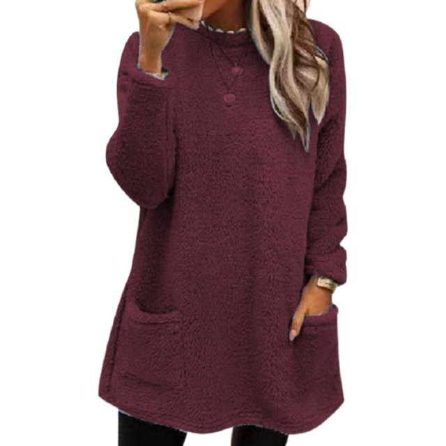LUXUR Women Fuzzy Fleece T Shirt Loose Work Tops Brick Red S