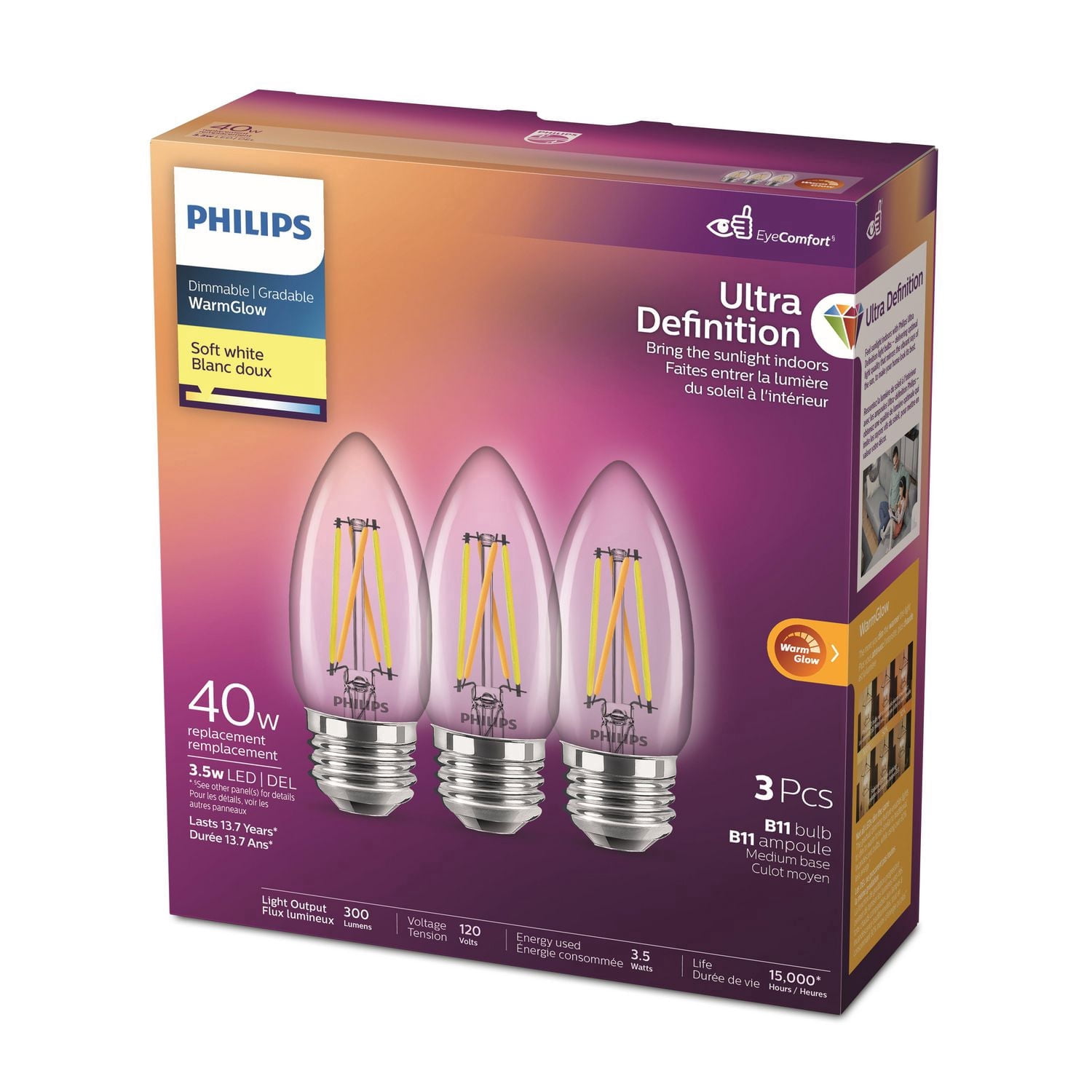 Philips DEL Ultra Definition 40W ampoule B11 culot moyen (E26) Blanc Doux WarmGlow (paq de 3)