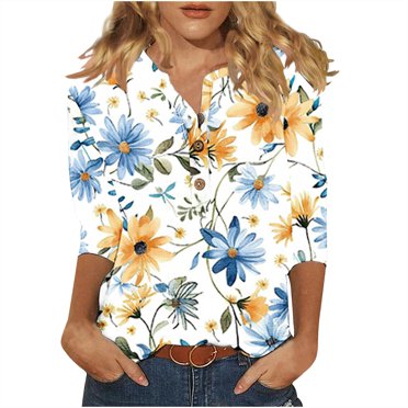 UPPADA Moins de 10 Chemisier à Col en V pour Femme à Manches 3/4 Boutonné à Imprimé Floral Hauts en Lin Tenue Décontractée d'Été Mode T-Shirts Basiques en Coton et Lin Coupe Ample Chandails à Enfiler 2025 Blanc, TG