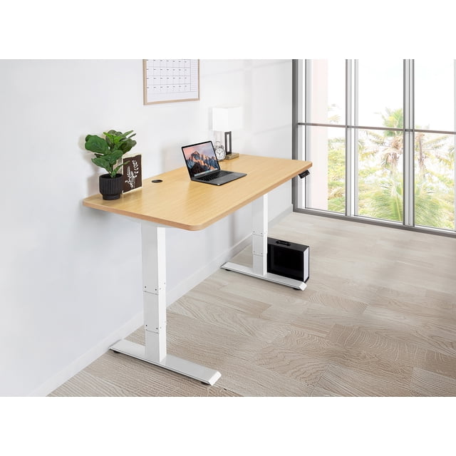 EFFYDESK Business Height Adjustable Home Office Computer Standing Desk with Cable Management Tray (59"×29") Oak Wood on White Frame