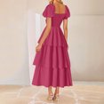 thumbnail image 4 of yoeyez Robes d'Été pour Femmes à Manches Courtes Volantées, Encolure Carrée, Robe Midi Smockée, à Étages, Plage, Vacances, Fluide, Coupe Évasée, Rose Vif, 2TG, 4 of 7