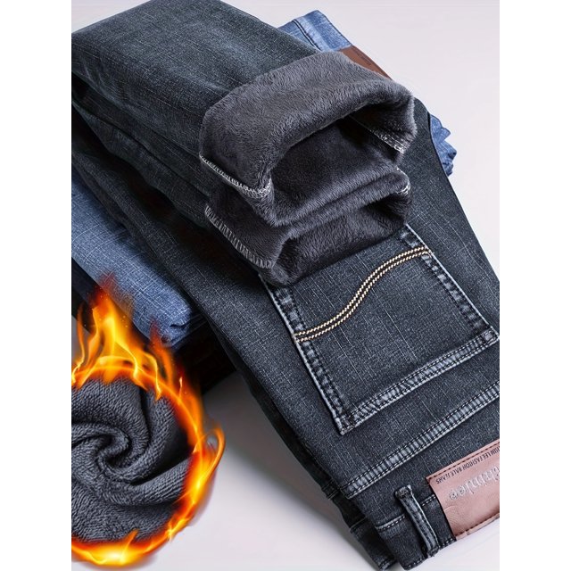 Men's Warm Fleece Jeans For Business, Casual Street Style Denim Pants With Pockets For Fall Winter