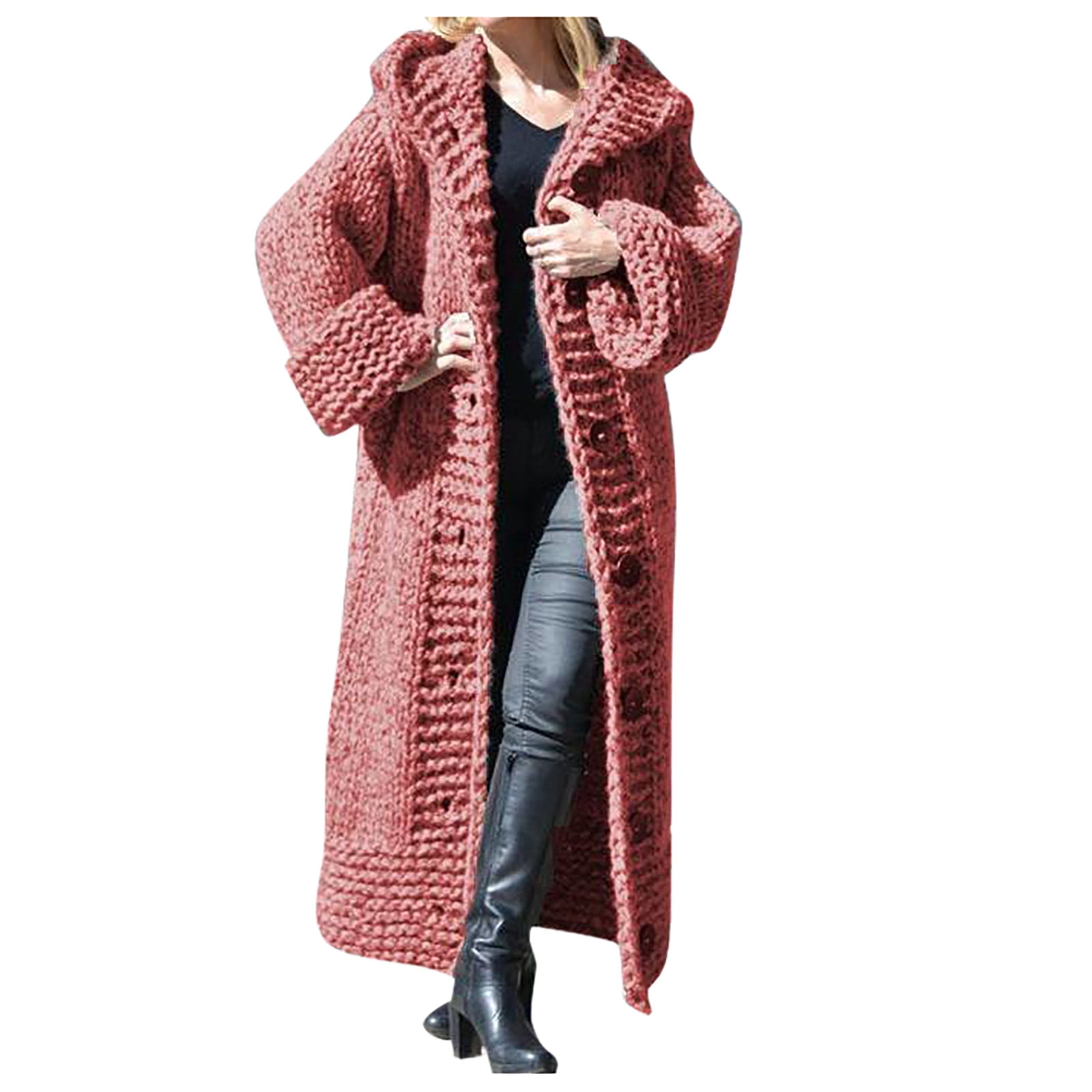 Kcodviy Women Casual Solid Knit Coat Dresses for Women Knee Length Button Plus Size Long Sweaters for Women Cardigans with Pockets Sleeve Sweater Long Cardigan Outwear Sweater for Women Coat