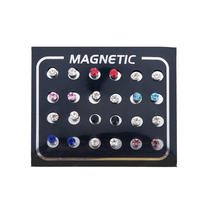 HLONK 12Pairs/Set Unisex Rhinestone Inlaid Magnetic Stud Earrings Non Piercing Jewelry