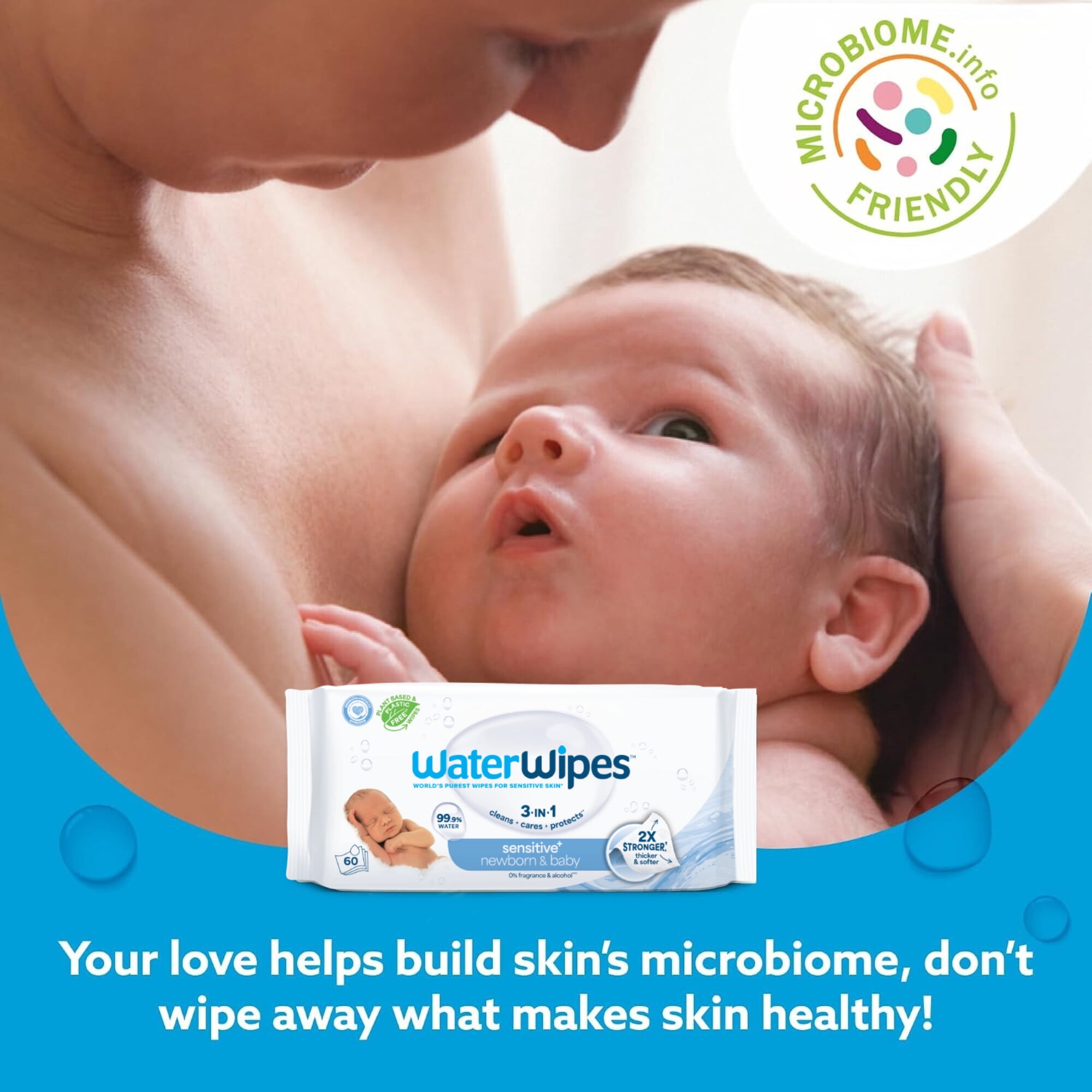WaterWipes Sensitive Lingettes pour Nouveau-Nés & Bébés, 99.9 % d'Eau, Sans Parfum & Hypoallergéniques