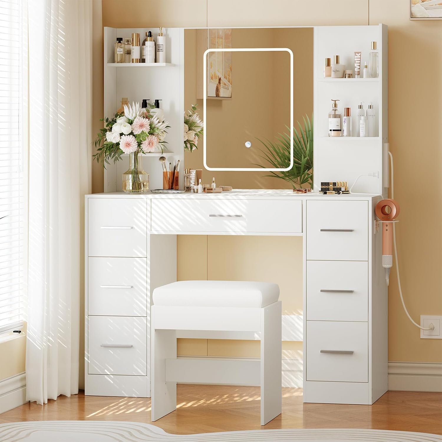 Vanity Desk with Lights, Makeup Vanity with Mirror and Chair, Power Outlet, Hair Dryer Rack, 7 Drawers, 3 Lighting Modes Brightness Adjustable Dressing Table for Bedroom