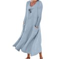 thumbnail image 2 of Meichang Robes d'Été Décontractées pour Femmes, Robes Maxi Évasées en Coton et Lin, Manches Longues, Encolure Dégagée, Imprimé Pissenlit, Robes Amples en Lin avec Poches, Bleu Ciel, G, 2 of 5
